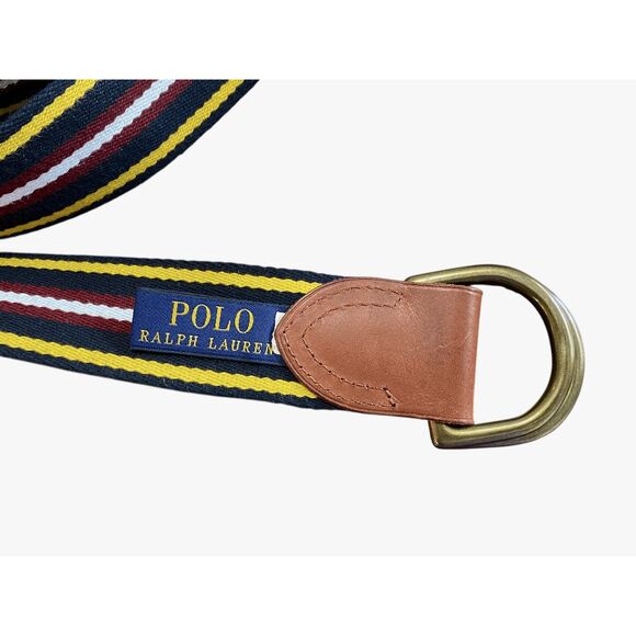 Polo Ralph Lauren Double D Ring Striped Belt w/ Leather L Vtg - Picture 3 of 4